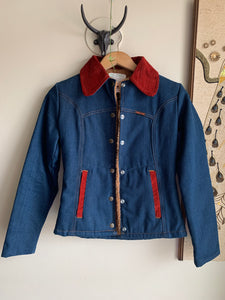 Denim Jacket with Red Corduroy Detailing - S