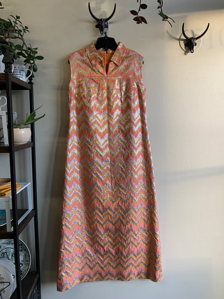 60s Orange and Pink Metallic Dress - M