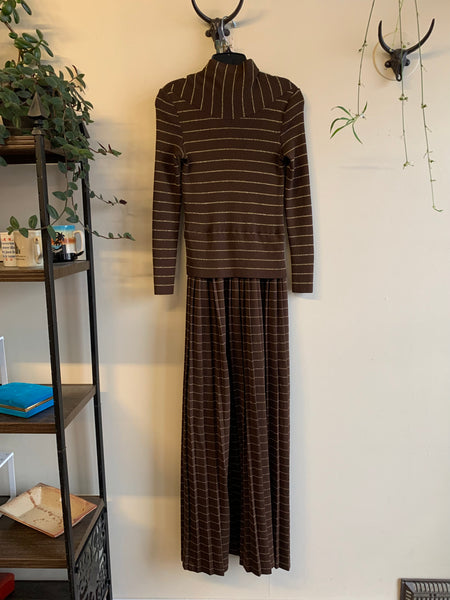 70s Brown and Gold Knit Dress - S