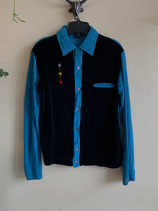 60s Velvet and Ribbed Cotton Button Up - S