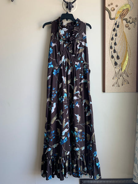 70s Ruffly Brown Floral Dress - L