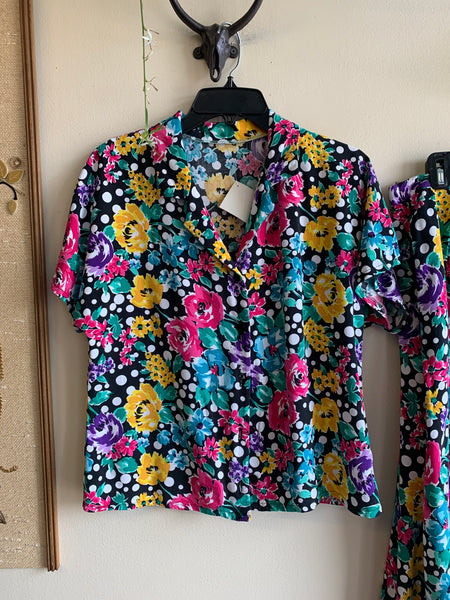 80s Floral Blouse and Skirt Set - L