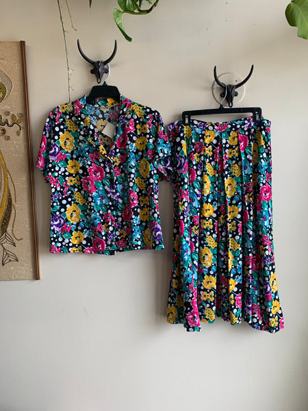 80s Floral Blouse and Skirt Set - L