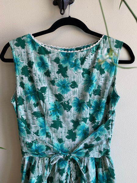 50s Floral Green Dress - S