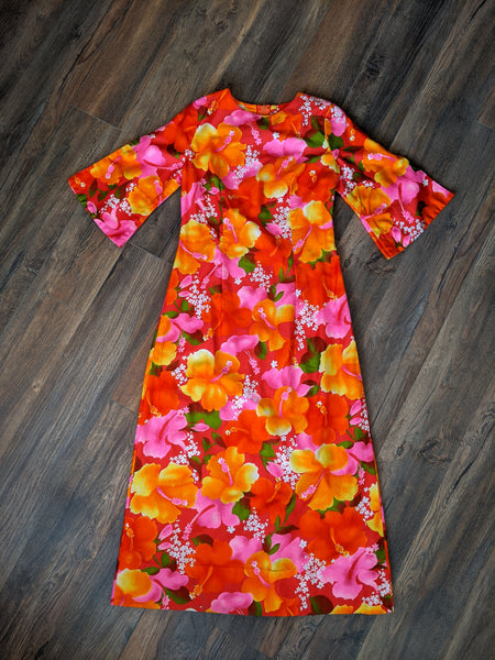 70s Hawaiian Floral Midi Dress - M