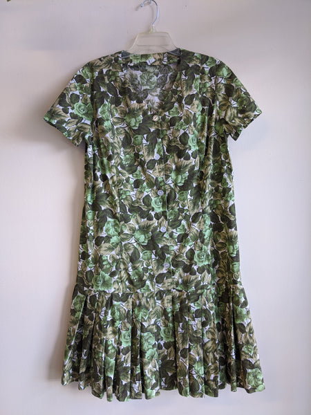 1960s Green Floral Drop Waist Day Dress - L