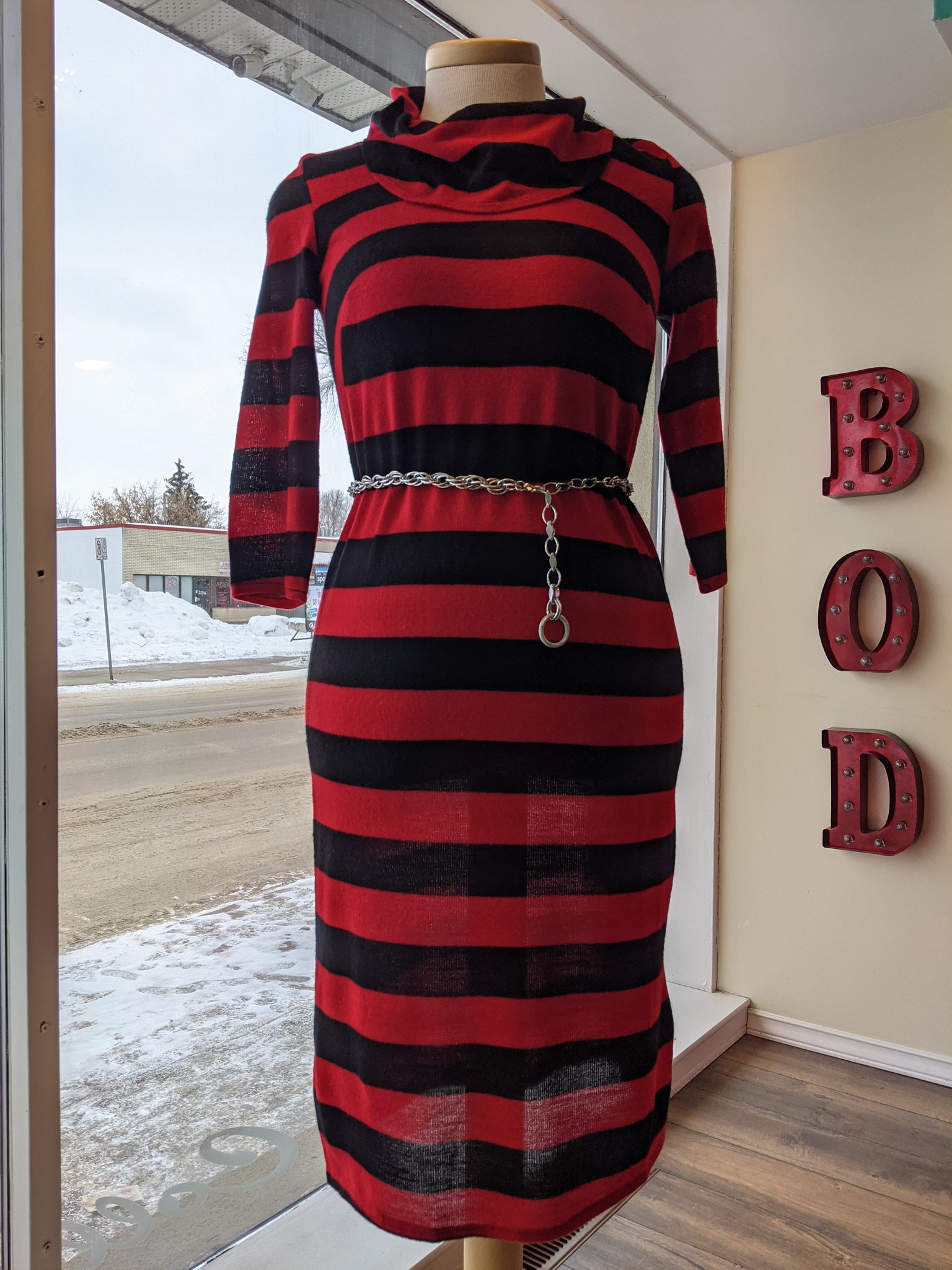 Cowl Neck Red & Black Sweater Dress
