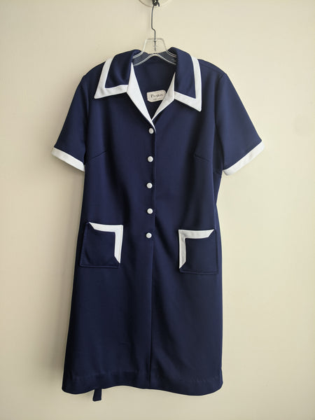 Button-Up Blue & White 70's Dress - L