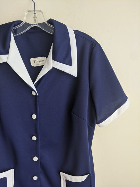 Button-Up Blue & White 70's Dress - L