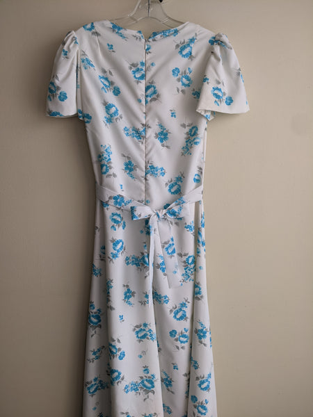 Full-length 1970s Ivory & Blue Floral Maxi Dress - M