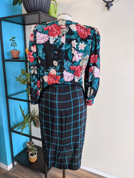 Floral & Plaid 80’s Long-Sleeve Dress