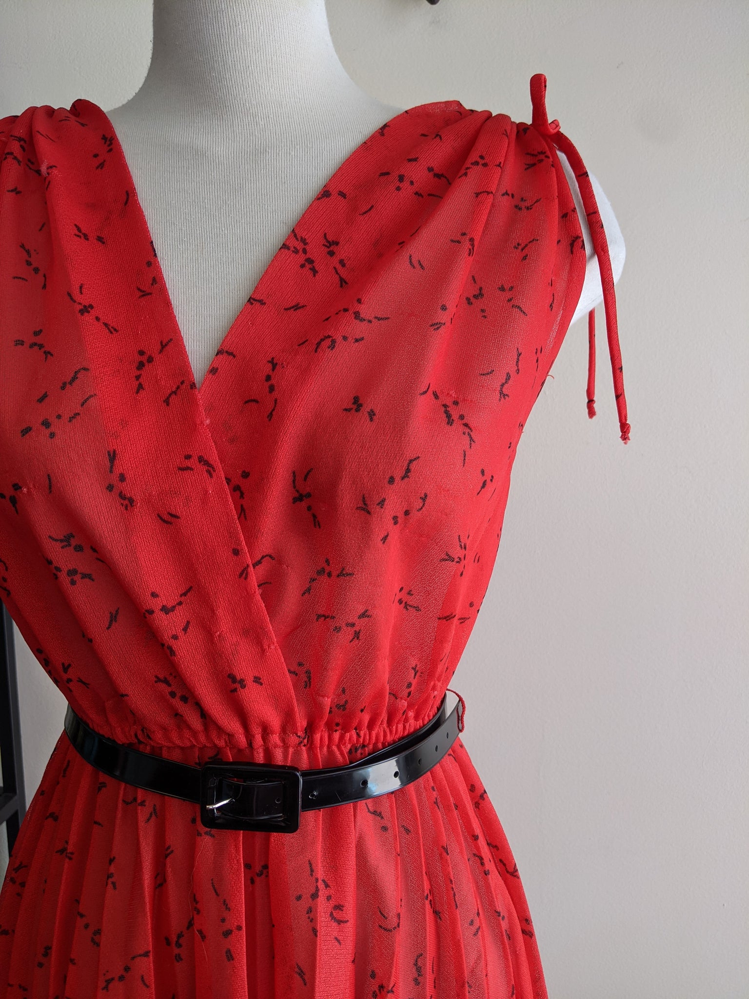 Semi-Sheer Red Pleat-Skirt Dress