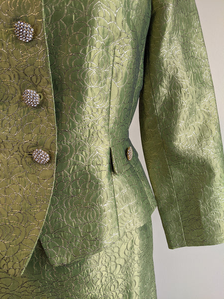 1960s Green Brocade Blazer & Skirt Set - M