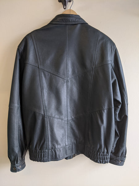Black Leather Bomber Jacket - L