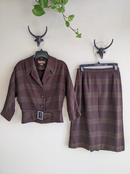 1940s/50s Brown Plaid Jacket & Skirt Set - S