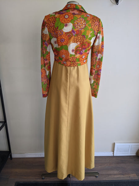 Awesome 1970s Floral & Mustard Formal Dress - S