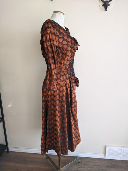 1950s Copper Leaf Evening Dress - M