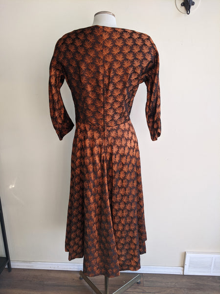 1950s Copper Leaf Evening Dress - M