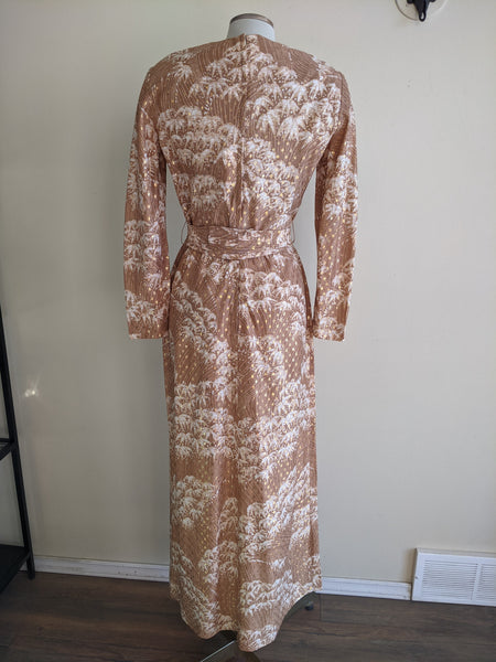 1970s Gold Patterned Party Dress - M