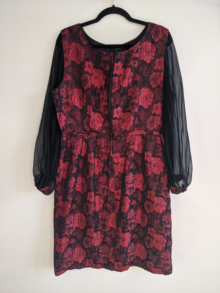 1960s Red & Black Floral Party Dress - L
