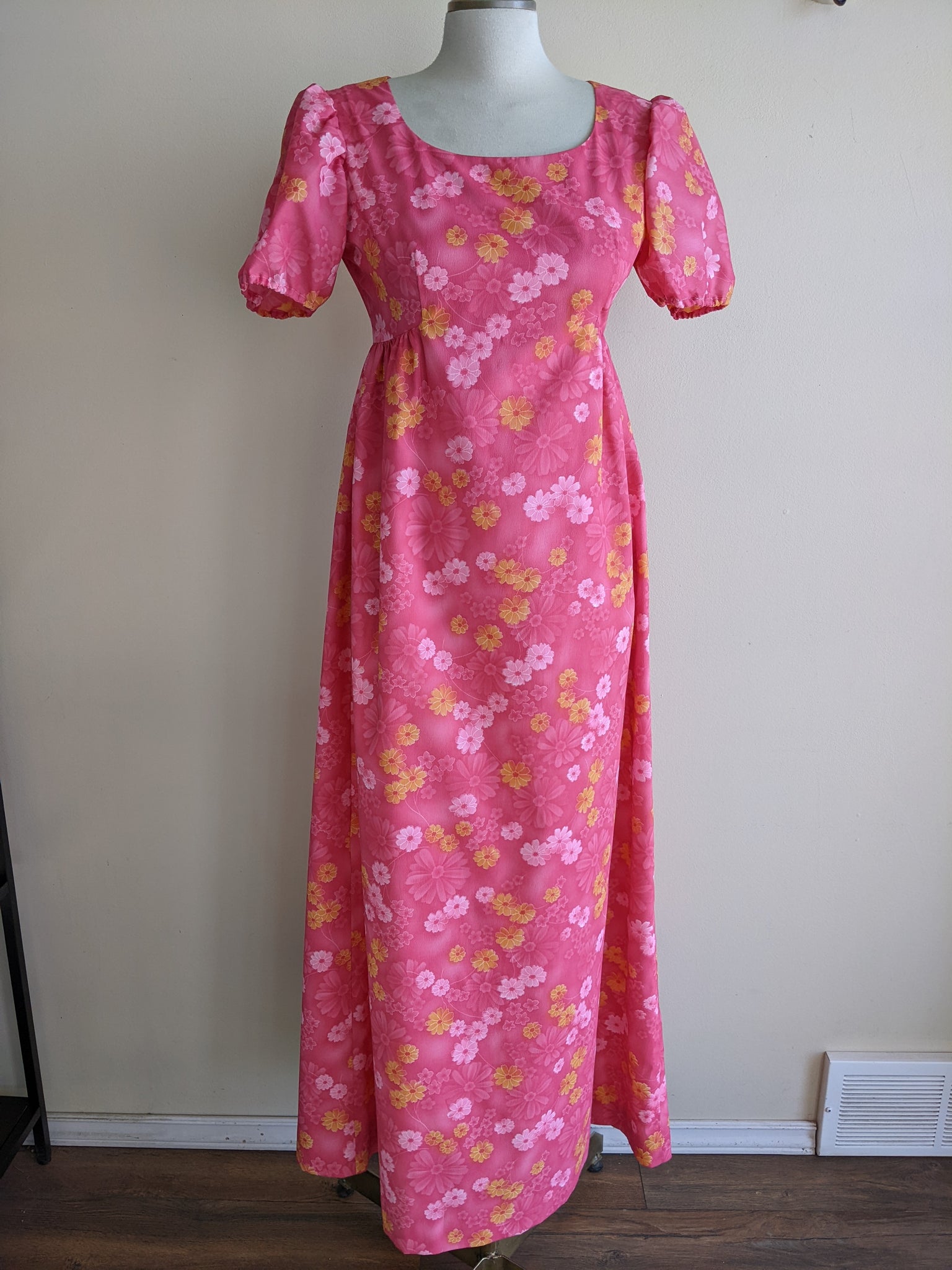 1960s Pink Floral Maxi-Dress - S