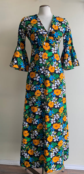 60s Floral Bell Sleeve Maxi Dress - S