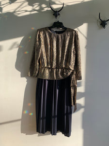 80s Mid Length Black & Sparkly Gold Dress - M