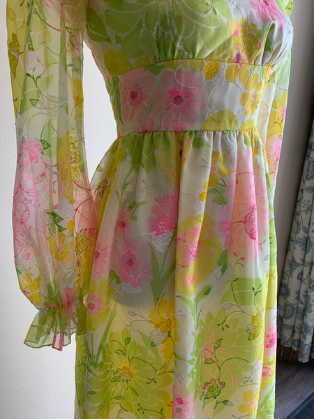 70s Yellow, Green & Pink Floral Dress - M