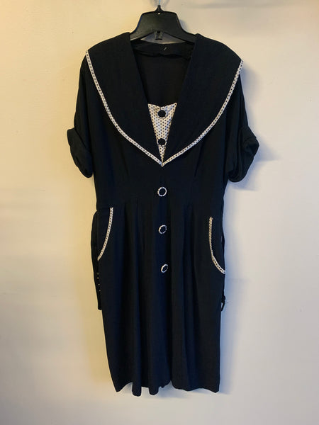 '40s Polka Dot Black Dress - L