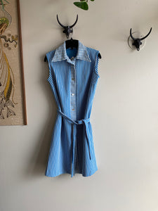 60s Blue & White Striped Dress - L