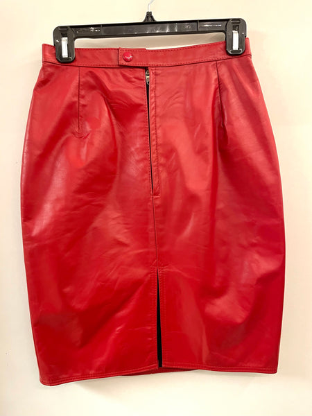 Red Leather Pencil Skirt - S
