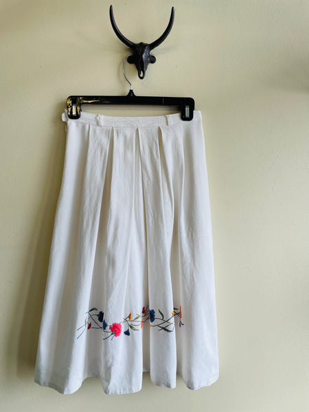 White Linen Floral Skirt - S