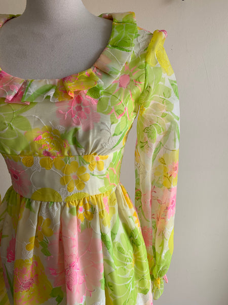 70s Yellow, Green & Pink Floral Dress - M