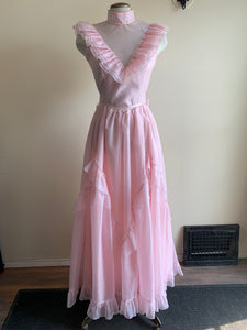 70s Pink Polka Dot Ruffled Dress - S