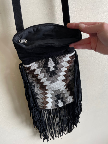 Beaded Fringed Black Suede Purse