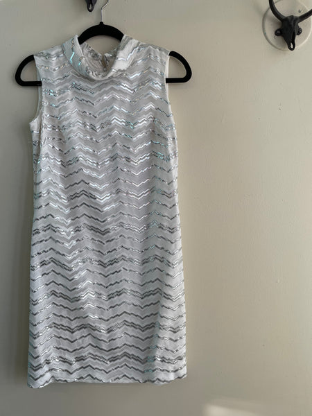 1960s White & Silver A Line Dress - S