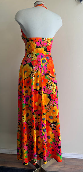 70s Floral Halter Top Maxi Dress - S