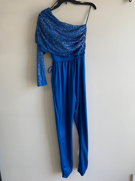 1980s Off the Shoulder Blue Sparkle Jumpsuit -S