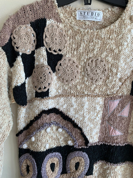 Multi-texture Knit 3/4 Sleeve Sweater - M
