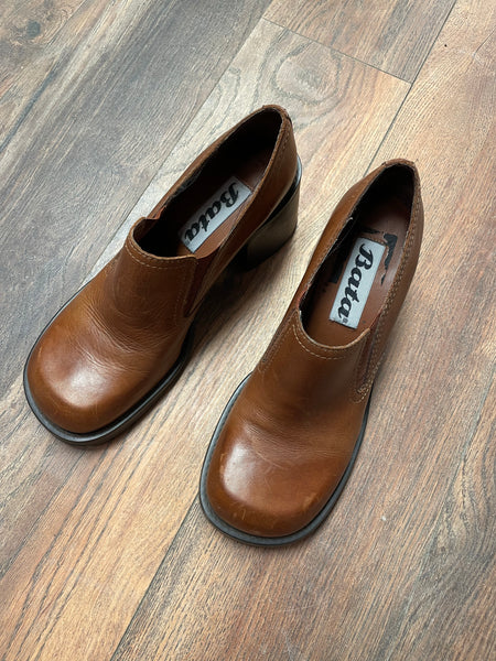 Bata Brown Leather Chunky Heeled Loafers - 8