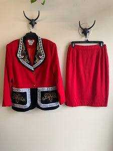 80s Red Statement Jacket & Skirt Set - M/L