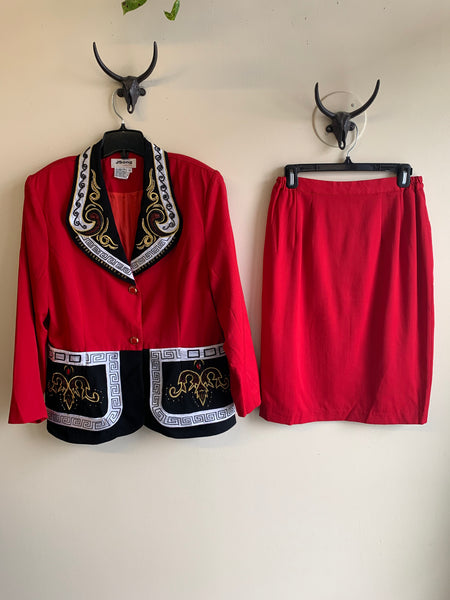 80s Red Statement Jacket & Skirt Set - M/L