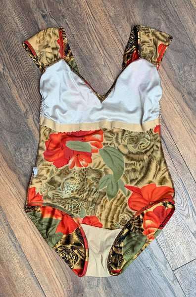 90s Floral & Leopard Print One Piece Swimsuit - S