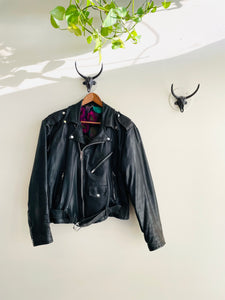 Black Leather Biker Jacket - L