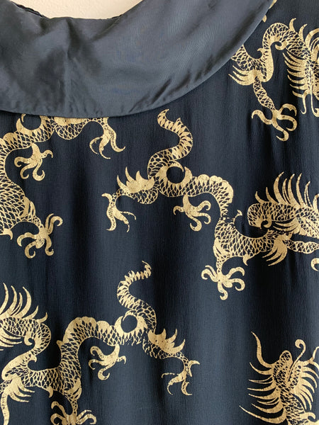1960s Collared Silk Black & Gold Dragon Print Blouse - S