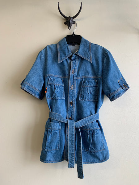 70s Denim Shirt With Buttons & Tie - M
