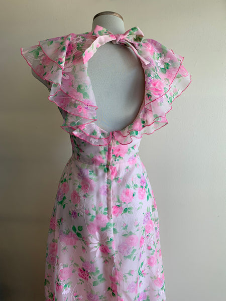 70s Pink Floral Maxi Dress - S