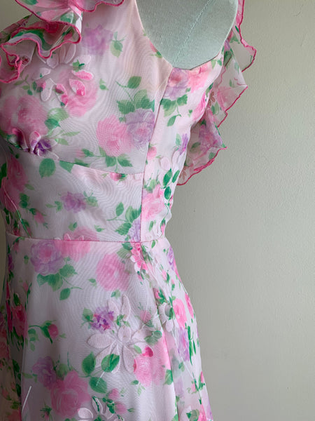 70s Pink Floral Maxi Dress - S