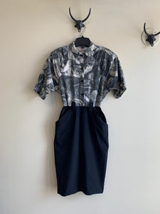 ‘80s Black & White Rose Print Dress - S